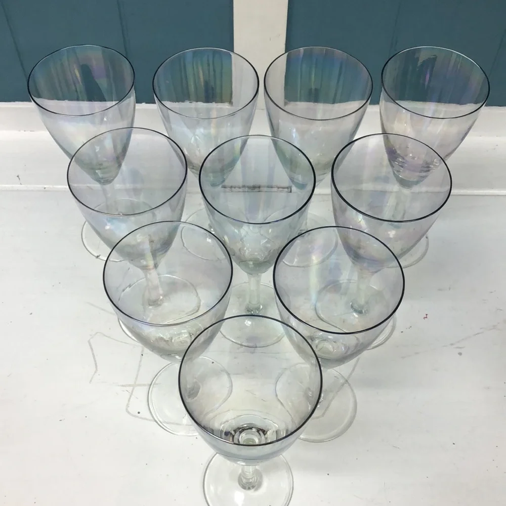 Set of 10 Vintage Iridescent 6.5” Wine Water Glasses rainbow stemware cocktail‎